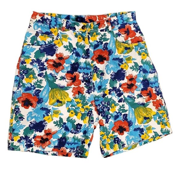 Vintage Pants - Vintage 90s Womens Size 14 Floral Denim Baggy Mom Shorts 7" Inseam